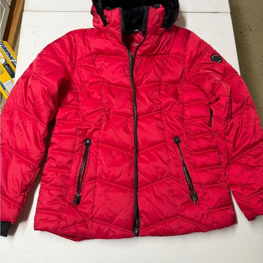 Nautica woman’s Bright Red Quilted Puffer Jacket with Hood